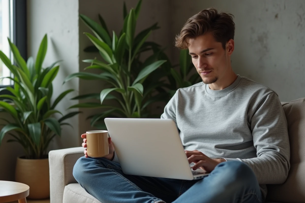 Jeune homme en télétravail consultant une application de gestion des tâches sur laptop pour organiser son temps efficacement