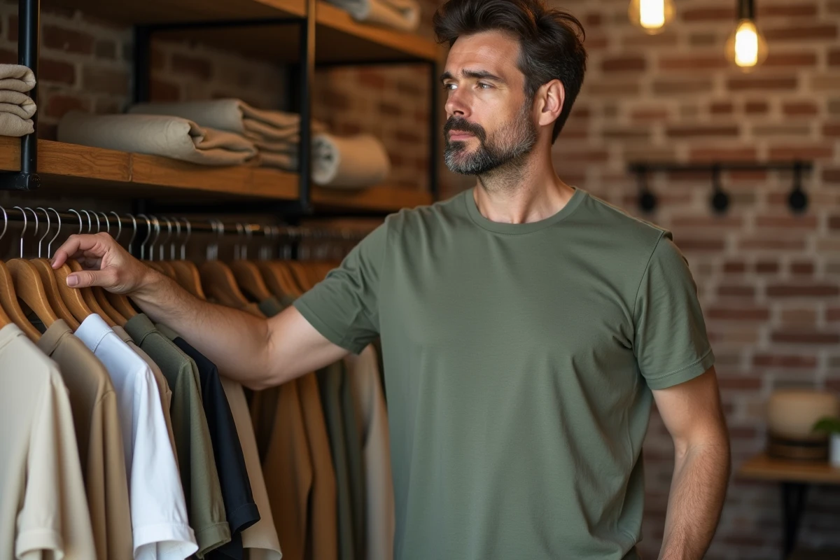 Homme en t-shirt coton biologique et pantalon chanvre dans une boutique de vêtements durables en briques, explorant les matières textiles naturelles et saines