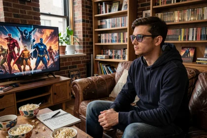 Jeune homme regardant des films Marvel dans un salon cosy avec une liste d'ordre de visionnage écrite à la main