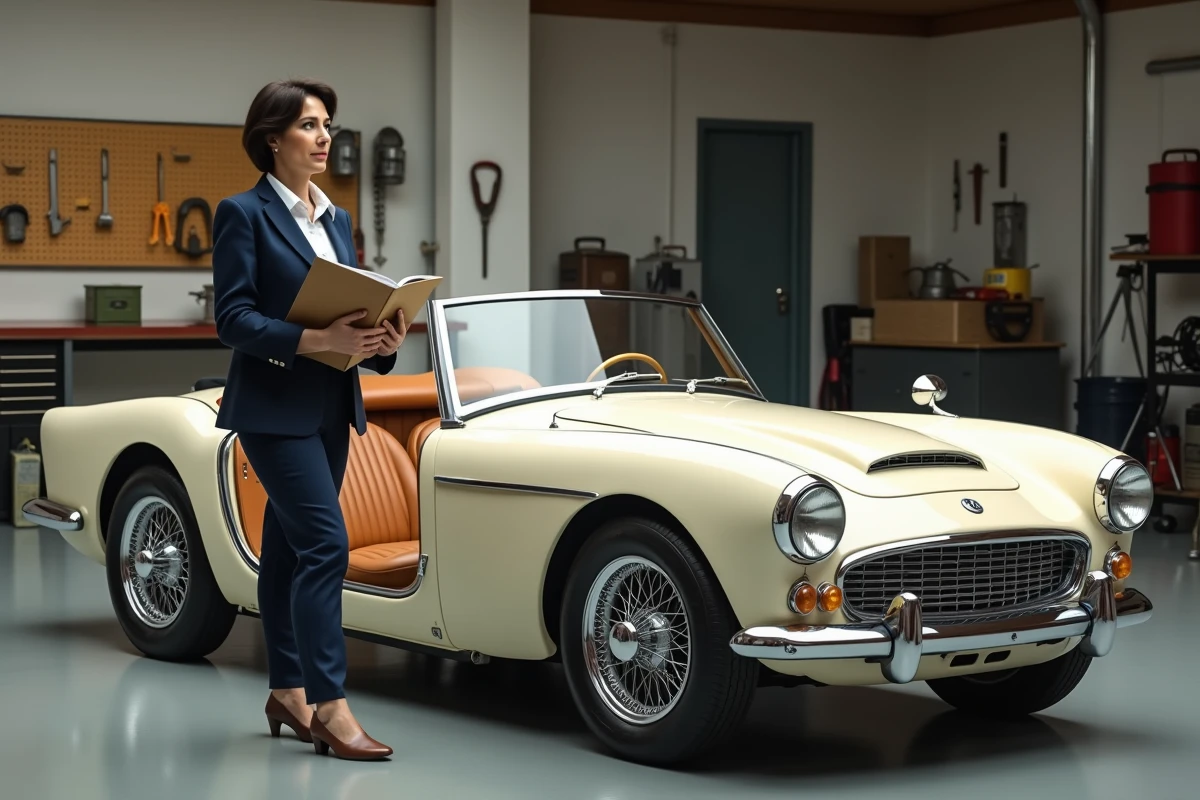Une femme debout près d'une voiture de collection dans un garage privé tient des documents administratifs, évoquant la démarche d'immatriculation en véhicule de collection