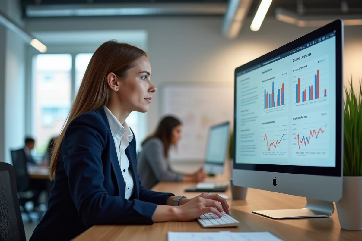 Femme analyste marketing consultant des tableaux de bord numériques sur ordinateur dans un bureau moderne