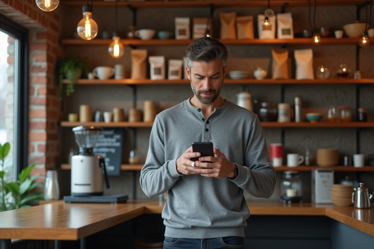Entrepreneur consultant sa campagne publicitaire sur les réseaux sociaux depuis son téléphone dans un café artisanal