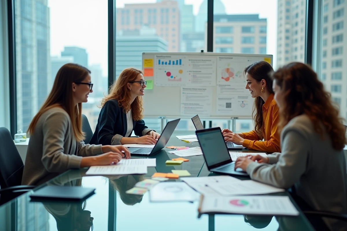 Équipe marketing collaborant autour de données analytiques internet et stratégies digitales en salle de réunion