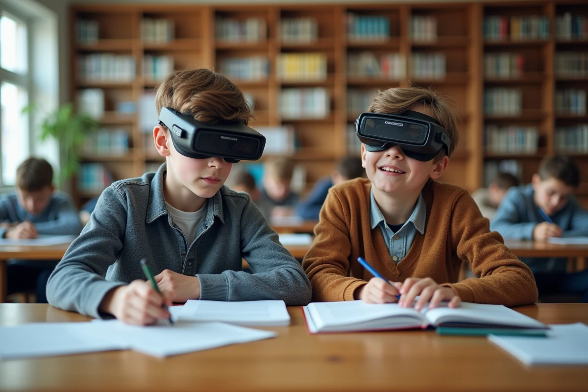 Deux lycéens côte à côte, l'un distrait par des lunettes de réalité augmentée et l'autre concentré sur un manuel, illustrant le risque de dispersion en classe