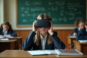 Élève frustrée tenant un casque de réalité augmentée dans une salle de classe traditionnelle, illustrant les difficultés d'intégration technologique en éducation