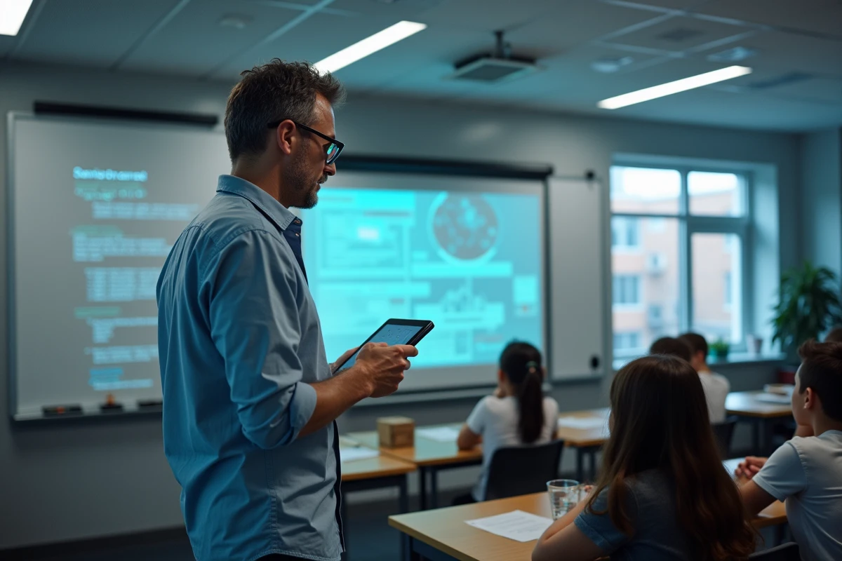 Enseignant dépassé par la technologie de réalité augmentée lors d'un cours, montrant les défis techniques liés à son utilisation pédagogique