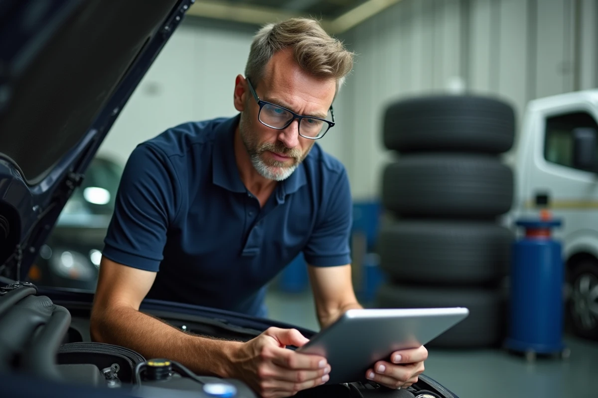Ingénieur automobile inspectant un véhicule avec une tablette de diagnostic dans un atelier professionnel moderne