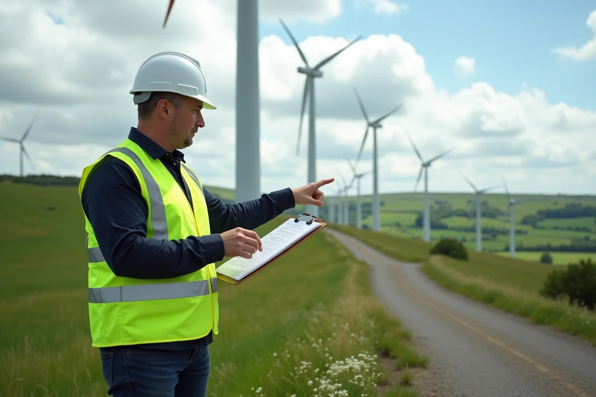 Ingénieur en énergie renouvelable inspectant un parc éolien dans une zone rurale, symbole de la transition énergétique pour le développement durable