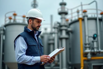 Ingénieur industriel inspectant un réservoir de stockage d'hydrogène dans une raffinerie, illustrant l'hydrogène comme vecteur énergétique et non source d'énergie