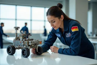 Ingénieure aérospatiale examinant une maquette de rover martien dans un centre de recherche spatial avec vue sur une rampe de lancement