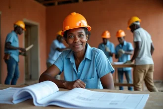 Ingénieure africaine supervisant la construction d'un centre communautaire rural, symbole du développement local et de la réduction des inégalités