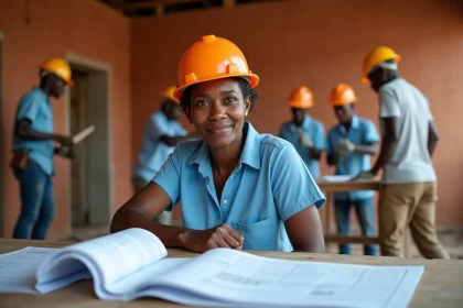 Ingénieure africaine supervisant la construction d'un centre communautaire rural, symbole du développement local et de la réduction des inégalités