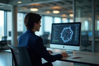 Ingénieure en intelligence artificielle travaillant sur le développement d'un assistant IA dans un bureau technologique moderne
