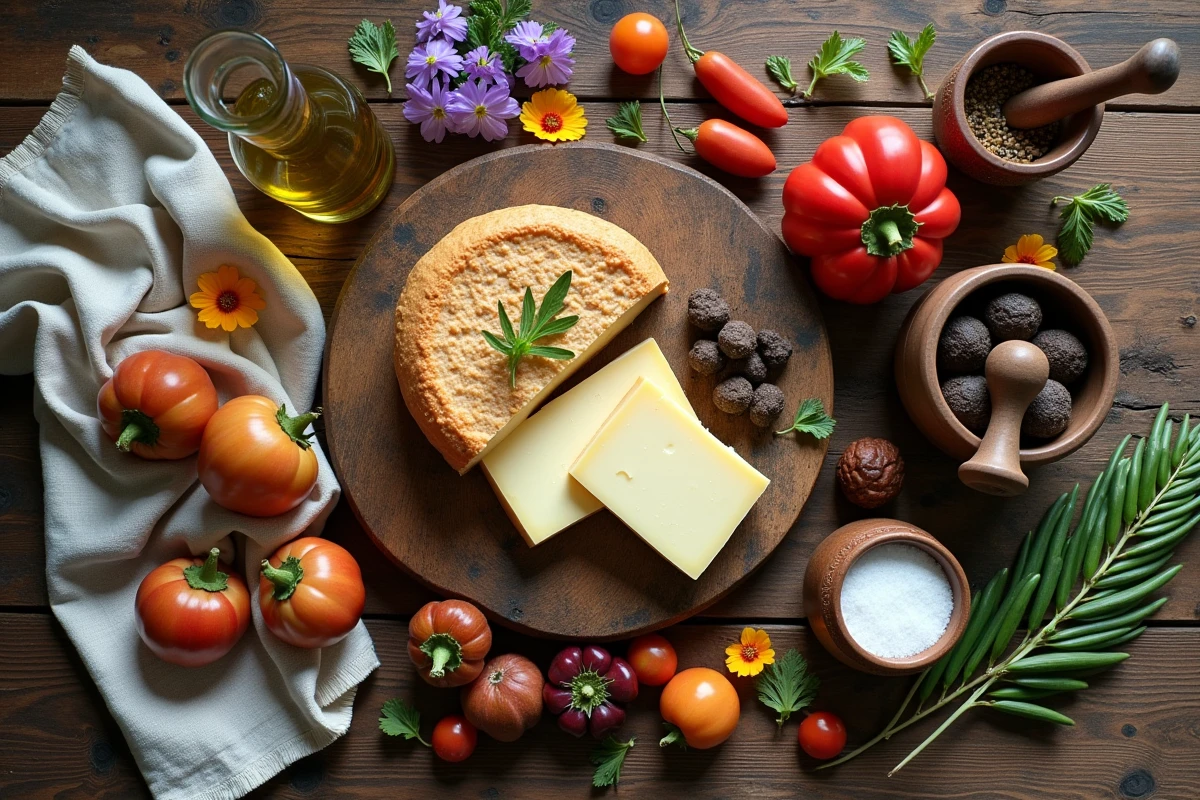 Ingrédients gastronomiques français disposés en flat-lay sur une table en bois rustique