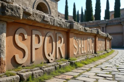Inscription SPQR gravée dans une pierre antique à Rome avec détails de l'architecture romaine en arrière-plan