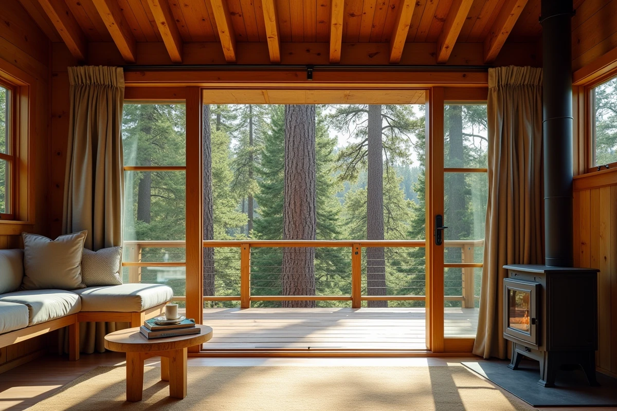 Intérieur luxueux d'une cabane dans les arbres avec baies vitrées, sol en bois et poêle à bois donnant sur la forêt