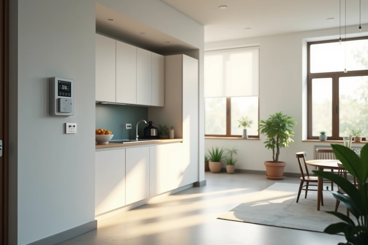 Intérieur de maison intelligente moderne avec appareils connectés et interface domotique visible dans un espace de vie contemporain