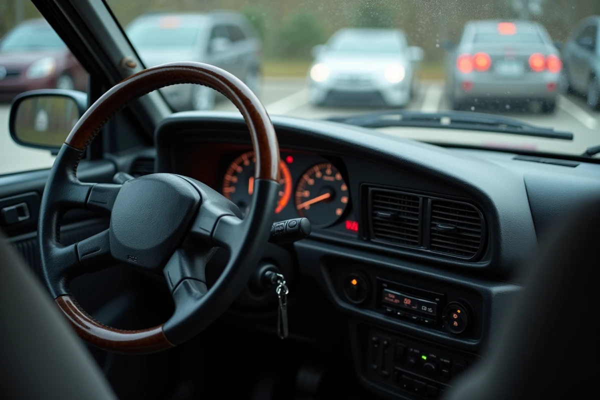 Intérieur d'une voiture d'occasion avec tableau de bord et compteur kilométrique visible