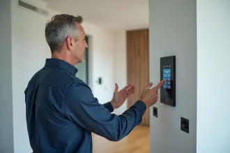 Ingénieur en maison intelligente interagissant avec un panneau de contrôle domotique mural dans un salon moderne connecté