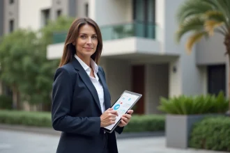Investisseuse immobilière devant un immeuble résidentiel moderne tenant une tablette avec des données de marché