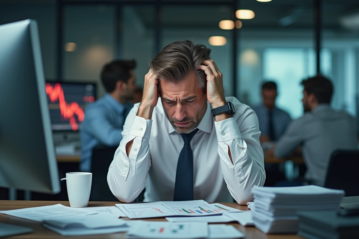 Investisseur stressé tenant sa tête entre ses mains devant des graphiques boursiers en baisse sur son bureau encombré