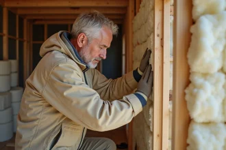 Ouvrier installant de la laine de verre entre des montants en bois lors de travaux d'isolation thermique intérieure d'une maison en rénovation