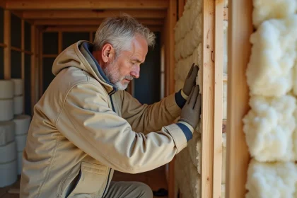 Ouvrier installant de la laine de verre entre des montants en bois lors de travaux d'isolation thermique intérieure d'une maison en rénovation