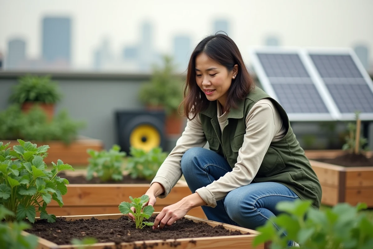 Femme agronome inspectant des plantations dans un jardin urbain sur toiture, illustrant les pratiques agricoles durables en milieu urbain