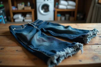 Jean en denim indigo usé posé à plat sur un établi en bois, montrant l'effilochage au niveau des cuisses et des genoux