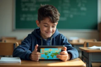 Adolescent jouant à un jeu sérieux sur tablette en classe pour apprendre de manière interactive