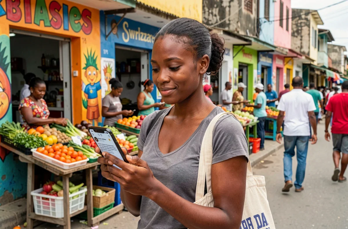 Jeune femme haïtienne consultant son smartphone face à des contenus en créole dans un marché urbain animé de Port-au-Prince, évoquant la transformation numérique de la langue créole