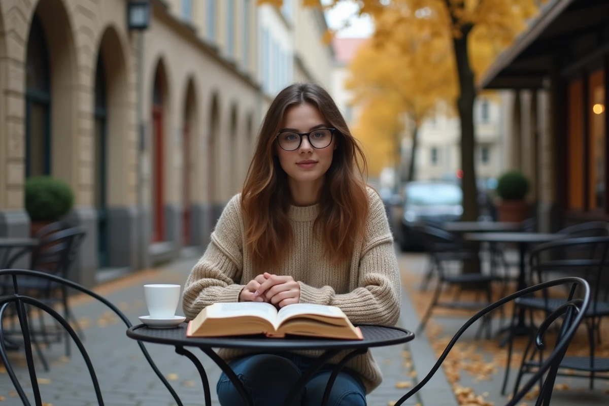 Jeune femme lisant un livre annoté en terrasse de café en automne, symbolisant l'apprentissage autonome et réflexif au cœur de l'heutagogie