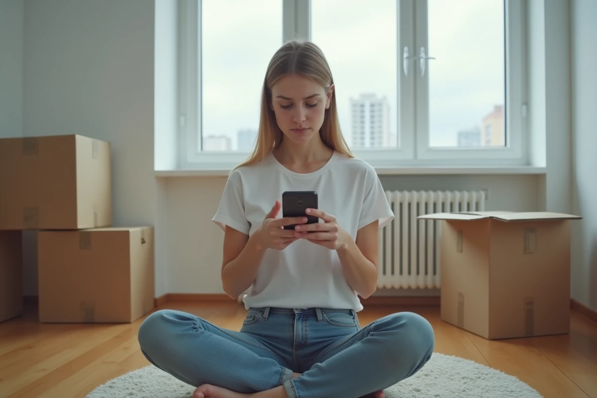Jeune femme seule entourée de cartons dans un appartement vide, illustrant la solitude et les difficultés de la vie en retrait social