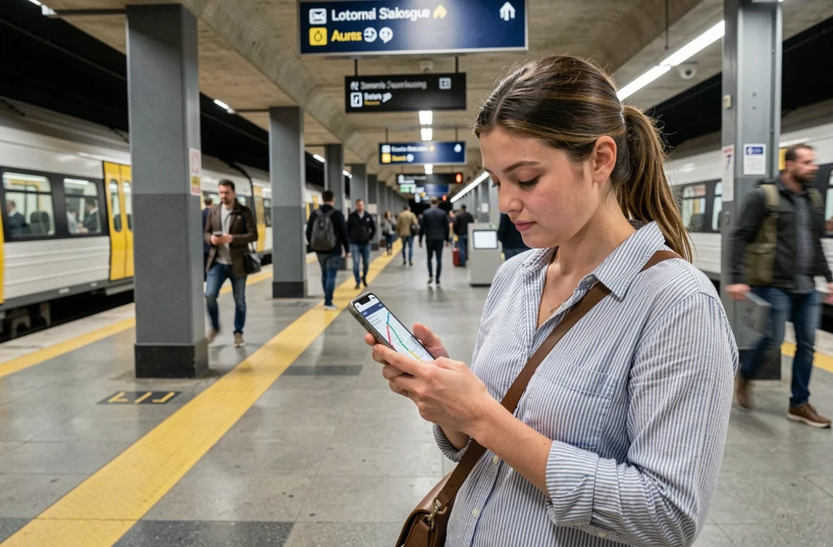 Jeune femme consultant une carte numérique du métro de Toulouse sur son téléphone lors d'un changement de ligne en station