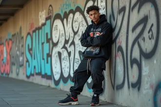 Jeune homme en tenue streetwear devant un mur de graffitis urbains, représentant la culture streetwear comme sous-culture