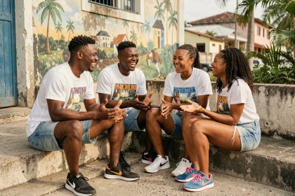 Groupe de jeunes adultes antillais en conversation animée sur des marches urbaines à la Martinique, illustrant l'évolution du créole entre générations