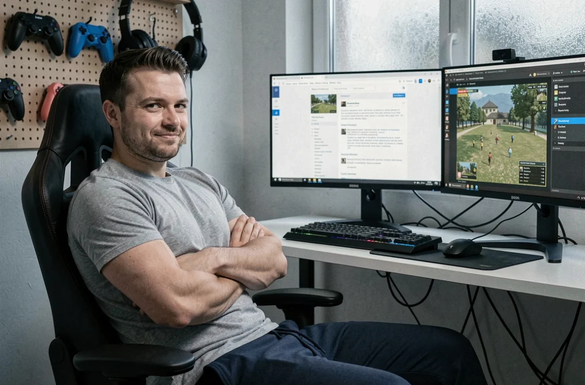 Homme sceptique assis devant un double écran avec des avis de joueurs et un mod de jeu de simulation ouvert dans un bureau minimaliste