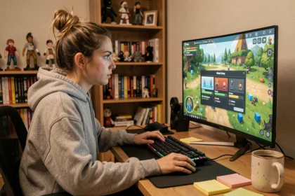 Jeune femme jouant à un jeu de simulation de vie sur PC dans sa chambre avec un écran de personnalisation de personnage visible