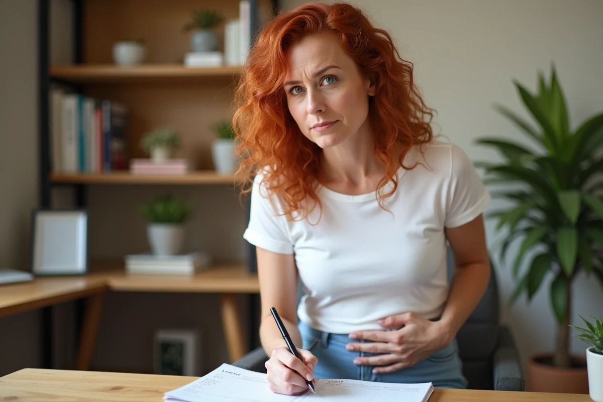 Femme tenant un journal alimentaire pour surveiller les symptômes de l'intestin irritable à son bureau