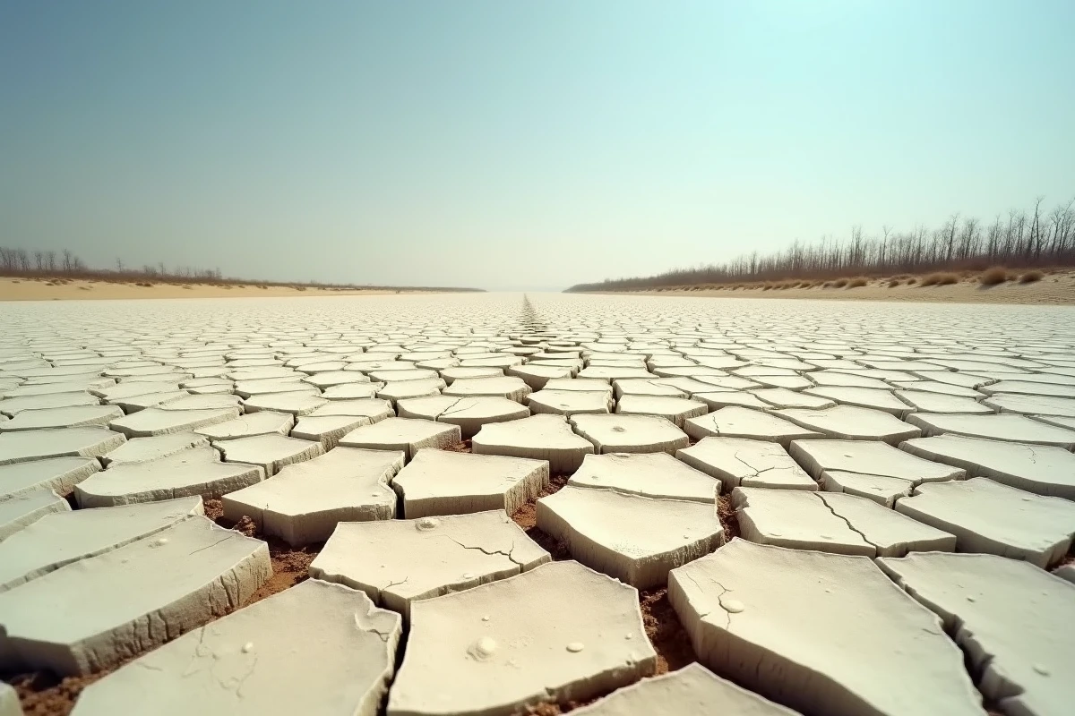 Lac asséché aux fissures profondes illustrant les conséquences de la sécheresse liée au réchauffement climatique