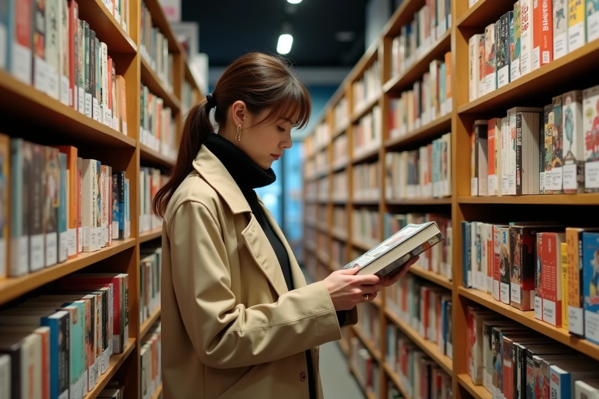 Lectrice de yaoi dans une librairie française devant un rayon de mangas yaoi en version officielle, illustration du marché éditorial impacté par le scan