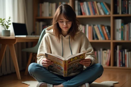 Jeune femme lisant un manga dans sa chambre entourée de livres, illustrant la passion pour le scantrad et la lecture numérique de mangas