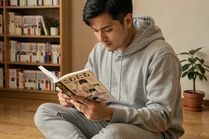 Jeune homme lisant un manga shonen en version française dans un appartement cosy avec bibliothèque de mangas en arrière-plan