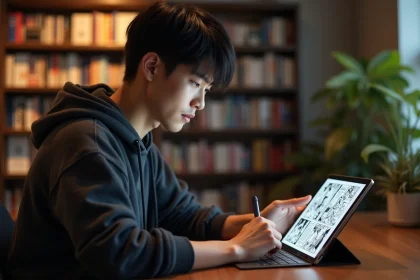 Jeune homme lisant des scans manga sur une tablette numérique, alternative aux sites de scantrad classiques en 2026