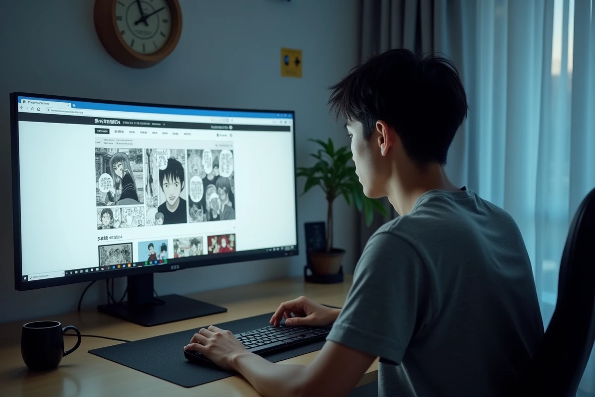 Homme consultant un site de scantrad sur son ordinateur dans un bureau moderne, illustrant la lecture en ligne de mangas traduits par des fans