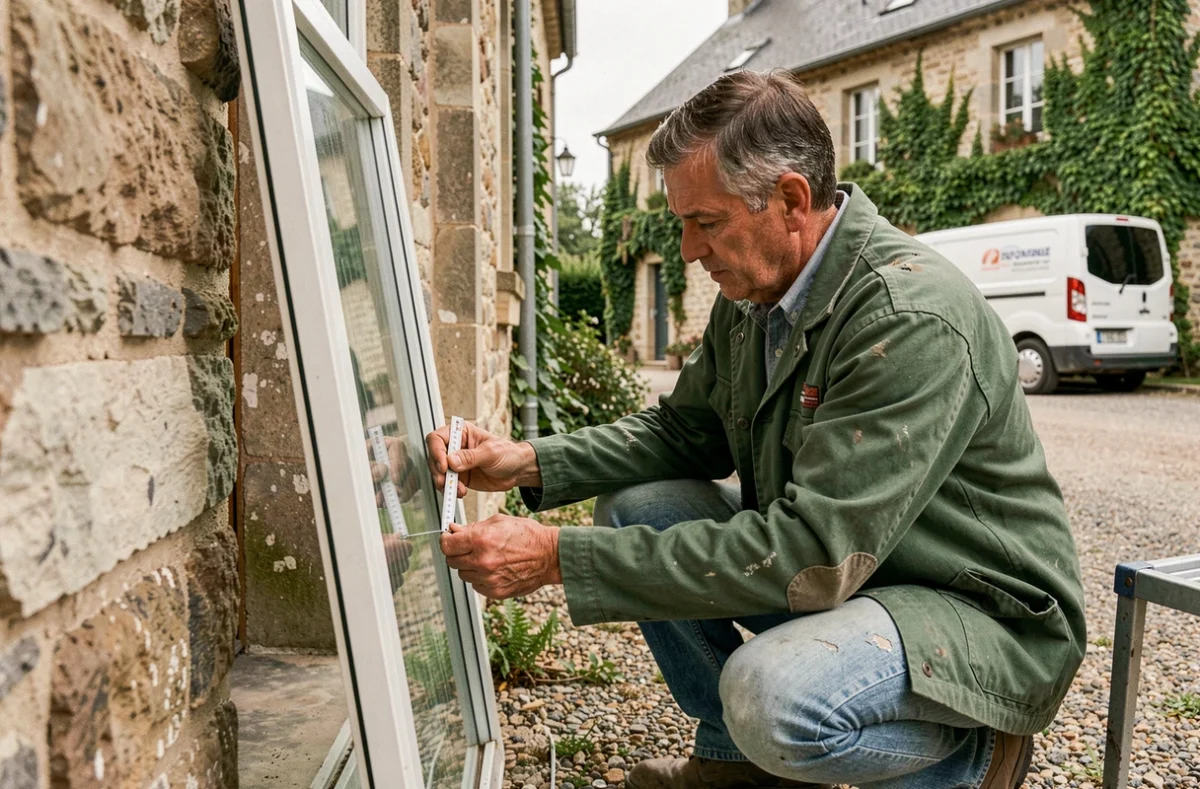 Louerat Roger, vitrier et dépanneur dans le sud Loire-Atlantique, mesurant un panneau de verre de remplacement devant une propriété rurale en pierre