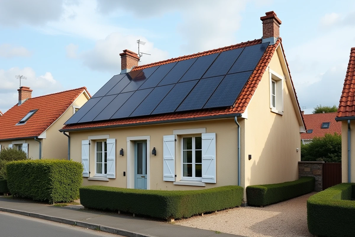 Maison individuelle française avec toiture entièrement équipée de panneaux solaires photovoltaïques en zone résidentielle
