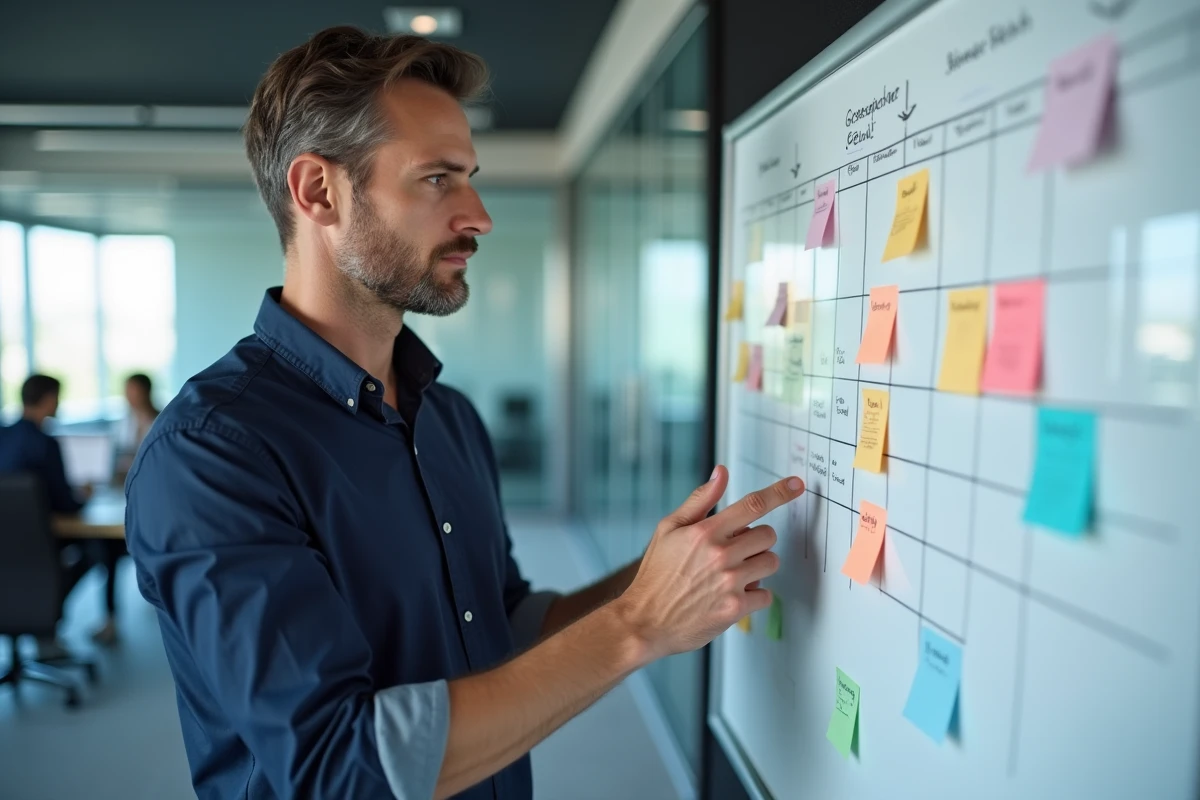 Manager professionnel devant un tableau blanc avec planning hebdomadaire structuré pour optimiser la gestion du temps au bureau
