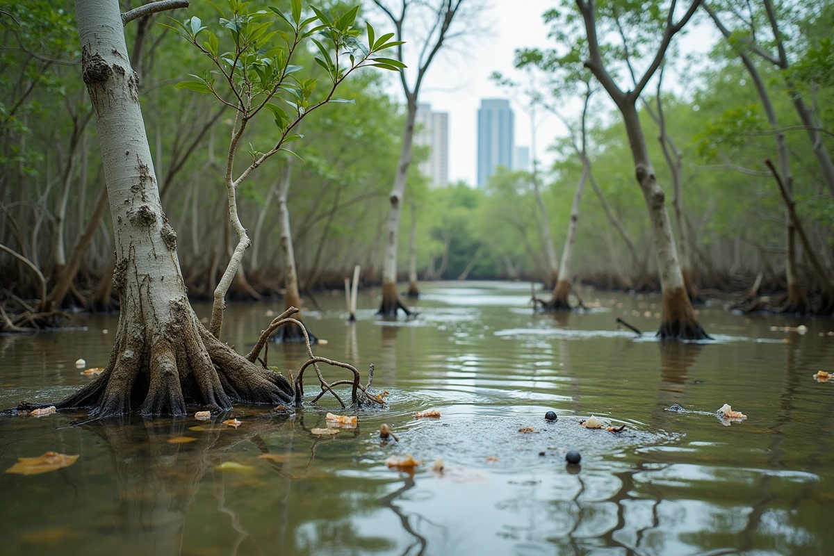 Forêt de mangroves dégradée avec arbres blanchis et déchets illustrant les conséquences environnementales du réchauffement climatique sur les zones côtières