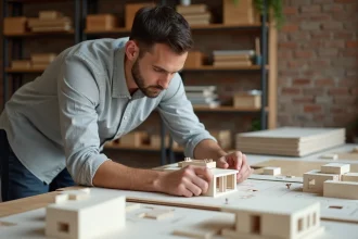 Architecte travaillant sur des maquettes architecturales 3D en studio de design, illustrant la modélisation physique